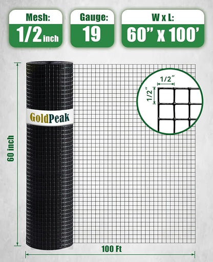 GoldPeak Black Vinyl Coated Hardware Cloth 1/2 inch 60 inch x 100 Foot - Chicken Wire Fence Roll Garden Fence Mesh Wire Fencing Welded Wire Fencing Garden Fencing Chicken Coop Wire