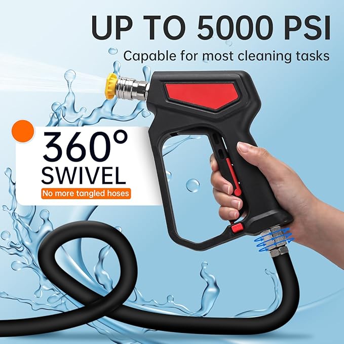 Pressure Washer Short Gun with Swivel, 5000 PSI/10.5 GPM High Power Washer Gun with 5 Nozzle Tips, 3/8'' Quick Connect and M22-14mm and M22-15 mm Fitting