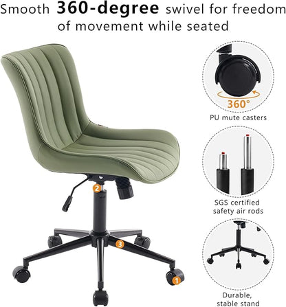 YOUNIKE Armless Home Office Desk Chair with Wheels Compact Comfy Vanity Chair with Adjustable Back Modern Small Leather Upholstered Rolling Swivel Cute Task Drafting Sewing Chair No Arms Olive Green