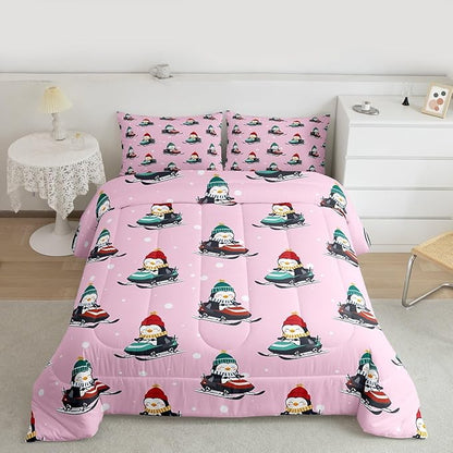 Feelyou Christmas Kids Comforter Set Toddler Size Pink Penguin Bedding Set Cartoon Penguin Skiing Duvet Quilt for Kids Boys Girls Bedroom Snowflake Decor Microfiber Ultra Soft Breathable