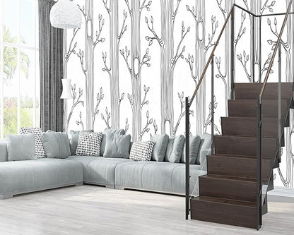 XMPMBM-Hand-Painted Cartoon Grey Tree Fabric Wallpaper Nursery Room Kids Bedroom Wall Mural-W 154" X H 105"（112 Square Foot）