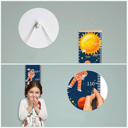 Personalized Growth Chart for Kids, Baby Height Chart with Custom Name, 77"x7.9" Canvas and Beige Wood Height Measuring Rulers for Boys Girls Removable Wall Ruler Hanging for Nursery Decor - Planets