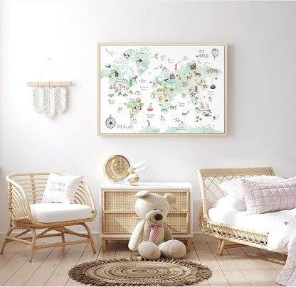 Green Kids World Map Wall Art Animal Map Canvas Art Nursery Wall Decor World Map Poster Childrens Room Decor Playroom Prints Educational Artwork 16x24 Inch framed