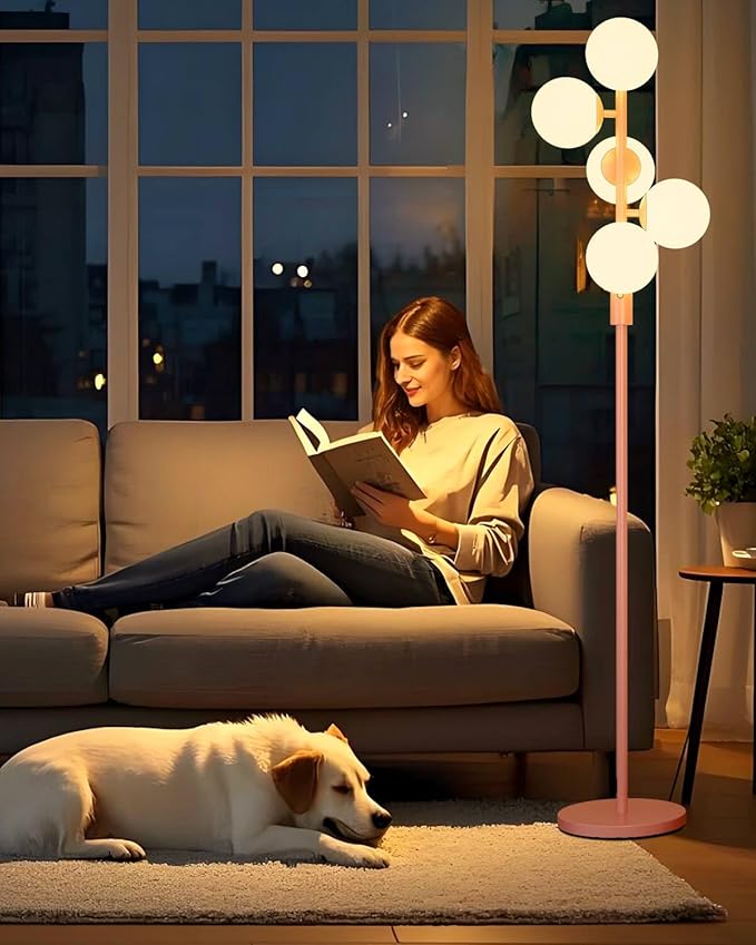 Lightdot Dimmable Globe Floor Lamp, Retro Pink Pole Standing Lamps