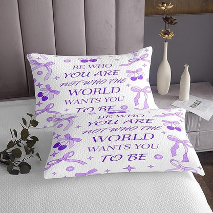 Manfei Purple Bowknot Kids Bedspread Twin Size,Cherry Tropical Fruit Stars Daisy Cute Coverlet Set,Girls Women Room Decor,Bow Tie Cartoon Princess Quilted Coverlet,Romantic Bedding Quilt,1 Pillowcase