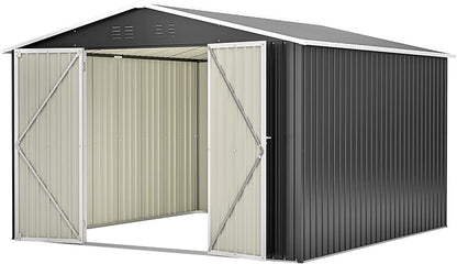 10x10 FT Outdoor Storage Shed, Large Metal Garden Shed with Lockable Hinged Doors, Outside Tool Shed with Sloped Roof & 4 Air Vents, Waterproof Storage Building for Backyard, Patio, Lawn, Black