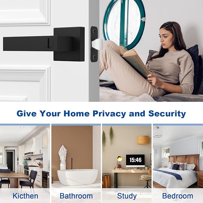 Estmoon 1 Pack Door Handle Black Interior Door Knobs, Keyless Privacy Door Lock