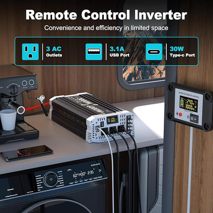 3000 watt Pure sine Wave Inverter, 24V DC to 110V AC Power Inverter, Used for Solar Emergency Power Supply in RV Homes, with 3 AC Output sockets, USB Port, Type-C Port, Remote Control with LCD Screen