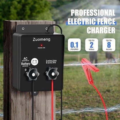 Electric Fence Energizer, Zuomeng 2-Mile 8 Acres Electric Fence Charger Powered by Battery or Power Adapter, 0.1 Joules, for Livestock, Pets, Garden & Wildlife Control