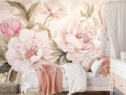 Pink Floral Wallpaper Large Peony Flowers Wall Mural for Girls Room Bedroom（Not Peel and Stick）