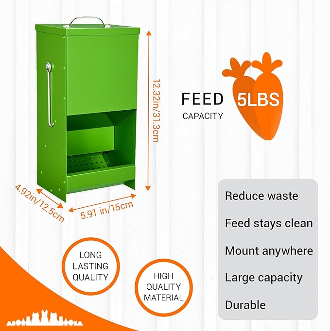 Rabbit Feeders Automatic for Cages,5 Pound Large Metal Trough Feeder with Lid Galvanized Steel Outdoor Bunny Food Dispenser for Rabbits Chicken Guinea Pig Pet and Other Small Animals Green