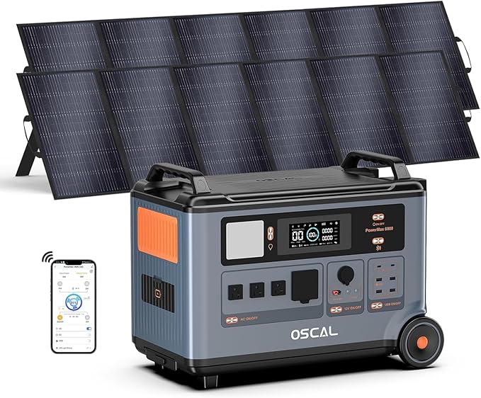 OSCAL PowerMax 6000 Solar Generator, 3600Wh/6000W Power Station with 2x500W Solar Panels, 120V/240V Split Phase Voltage AC Outlets (9000W Peak), 2400W Solar Charging,Emergency for Home,Battery Backup