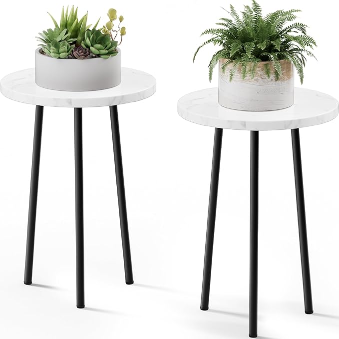 Plant Stand Indoor 2 Pack: Corner Wood 20 Inch Plant Stand Mid Century Modern Decor - Small Round Plant Table for Indoor Plants - Plant Holder for Patio Living Room Bathroom Office (White Marble)
