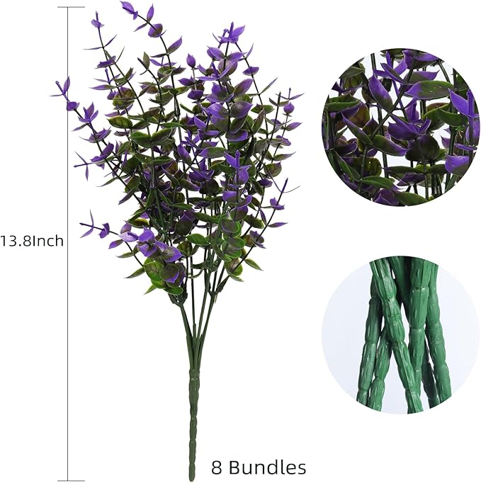 RECUTMS Artificial Fake Outdoor Plants Flowers for Spring Decoration, Faux Plastic Plants Outdoor Flower UV Resistant Realistic for Home Outside Planter Window Porch Patio Garden(Purple Eucalyptus)