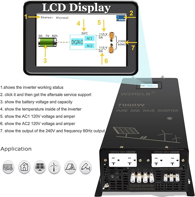WZRELB 7000W Pure Sine Wave Inverter, 24V DC to 120V 240V AC, 4 AC Outlets, Hardwire Terminal, 91.6% Efficiency