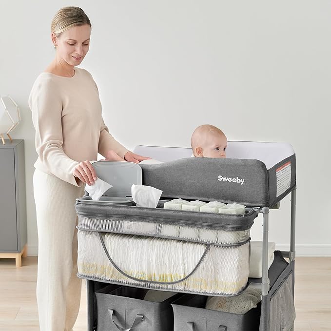 Sweeby Portable Baby Changing Table, Foldable Changing Table Dresser Changing Station for Infant, Waterproof Diaper Changing Table Pad Topper, Mobile Nursery Organizer for Newborn Essentials,Darkgrey