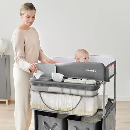 Sweeby Portable Baby Changing Table, Foldable Changing Table Dresser Changing Station for Infant, Waterproof Diaper Changing Table Pad Topper, Mobile Nursery Organizer for Newborn Essentials,Darkgrey