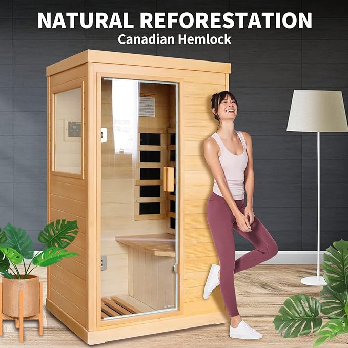 Far Infrared Sauna Home Sauna Spa Room Canadian Hemlock Wood 800W Indoor Saunas Low EMF 110V with Control Panel and Tempered Glass Door, Room: 35.2 * 27.6 * 61.6Inch