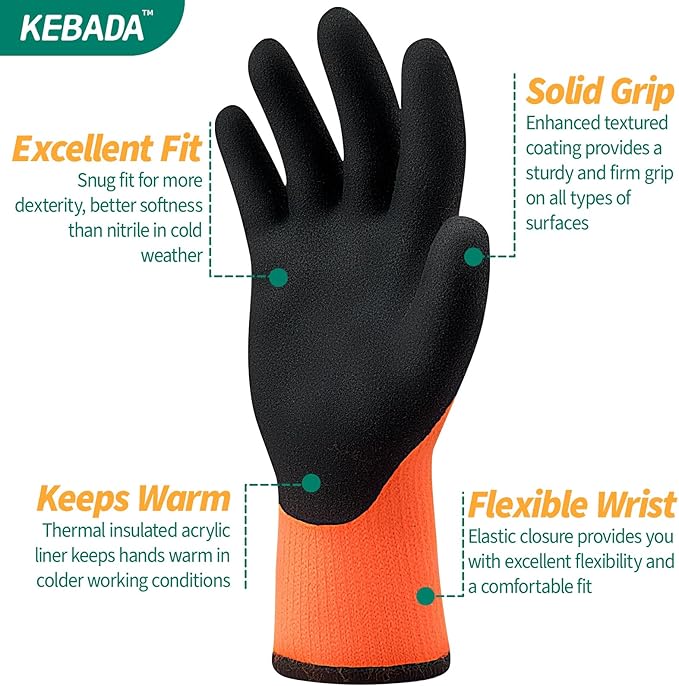 Kebada T3 Winter Work Gloves for Men and Women, Warm Knit Cold Weather Work Gloves, Thermal Insulated Freezer Gloves, 100% Latex Coating Non-slip Grip, Long Wrist Design, 1 Pair, Orange, Medium