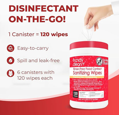 HandyClean Rinse-Free Food Contact Sanitizing Wipes Canister, Multi Surface Cleaning Wipes Cleaning Supplies for Kitchen and Professional Setting 6-Pack (120 Wipes Each)