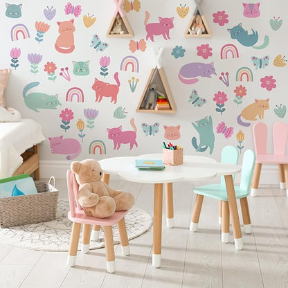 Cat Wall Decals - Girl Nursery Decor, Colorful Pet Cat Butterfly Rainbow Decal,Removable Vinyl Art Murals for Living Room Baby Rooms Bedroom Toilet House Wall DIY Decoration