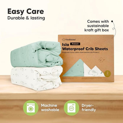 2-Pack Waterproof Baby Crib Sheets for Boys, Girls - 52x28 Viscose Derived from Bamboo Toddler Bed Sheet Neutral, Fitted Crib Mattress Protector Cover for Baby Bedding, Soft & Gentle (Beach Day)