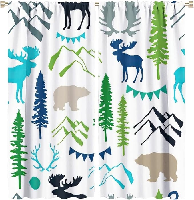 Forest Woodland Curtains, Wild Nature Bear Moose Deer Pine Trees Mountain Cabin Lodge Blackout Rod Pocket Windows Door Curtain for Bedroom Living Room Home Decor 63x72in