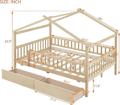 Merax Full Size Wooden House Bed with Two Drawers, Wood Bed Frame with Roof and Safety Guardrail for Kids, Teens, Boys or Girls, Natural