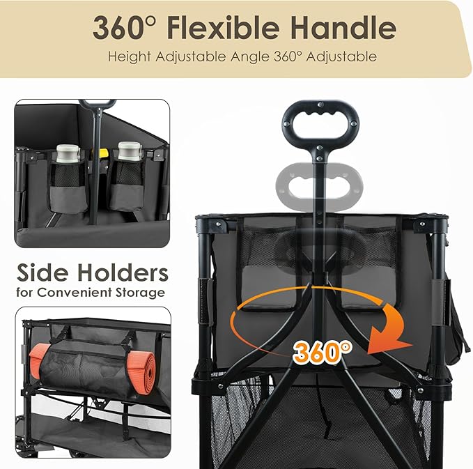 HOPERAN 400L XL Wagons Carts Foldable, 54" Extra Length Double Decker Collapsible Wagon Cart with Tailgate, 8" Big All-Terrain Wheels, 550lbs Load Utility Grocery Cart for Camping,Sports,Beach
