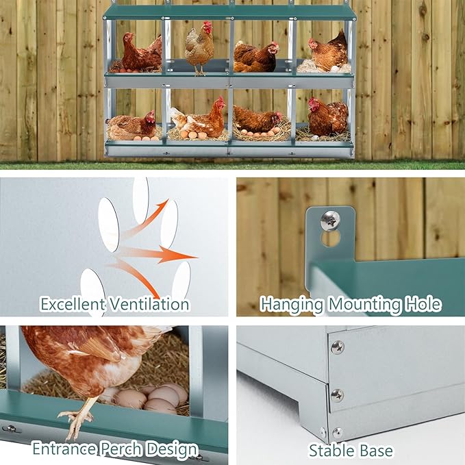 Chicken Nesting Box for Laying Eggs - 8 Room Chicken Laying Boxes, Nesting Boxes for Chickens, Heavy Duty Metal Chicken Coop, 42.72" L x 16.34" W x 26.38" H