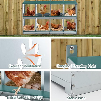Chicken Nesting Box for Laying Eggs - 8 Room Chicken Laying Boxes, Nesting Boxes for Chickens, Heavy Duty Metal Chicken Coop, 42.72" L x 16.34" W x 26.38" H