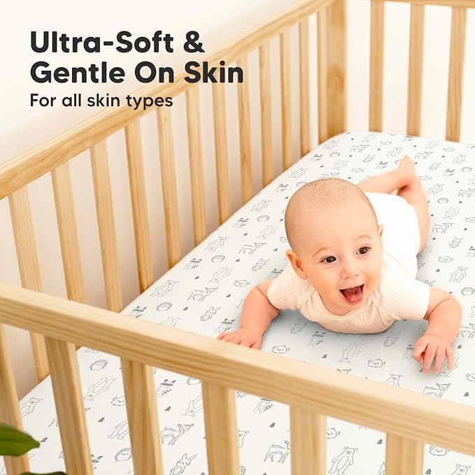 2-Pack Waterproof Baby Crib Sheets for Boys, Girls - 52x28 Viscose Derived from Bamboo Toddler Bed Sheet Neutral, Fitted Crib Mattress Protector Cover for Baby Bedding, Soft & Gentle (Woodland)