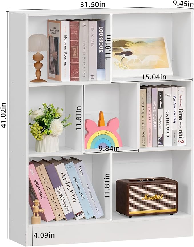 YAHARBO White 7 Cube Bookshelf,3 Tier Modern Horizontal Bookcase,Wooden Low Book Shelf Display Storage Cabinet with Base,Floor Standing Short Bookshelves Open Organizer for Bedroom,Living Room,Office