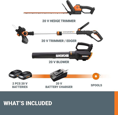 Worx 20V String Trimmer + Turbine Blower + Hedge Trimmer (Batteries & Charger Included)