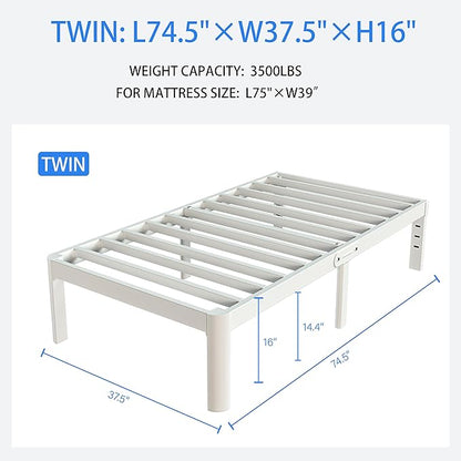 White Twin Size Bed Frames 16 Inch, Metal Platform Twin Bed Frame No Box Spring Needed, Heavy Duty Steel Support 3500 LBS, DIY Headboard, Round Legs, Noiseless, Storage Space, Easy Assembly