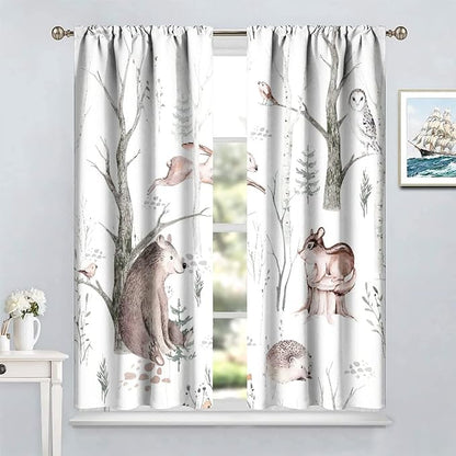 Watercolor Woodland Animal Curtains, Wildlife Bear Farmhouse Lodge Cabin Squirrel Owl Hedgehog Fox Blackout Rod Pocket Windows Door Curtain for Bedroom Living Room Home Decor 63x63in
