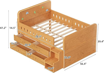 Full Size Platform Bed with Guardrail and 4 Drawers, Wooden Kids Platform Bed Frame with Two-Step Staircases and Light Strip for Boys Girls, Sturdy Slats Support (Wood-11A)