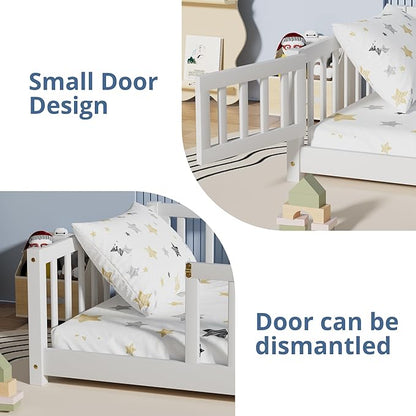 i-POOK Twin Floor Bed for Children, Sturdy Wood Montessori Bed Frame with Wood Slats, High Fence & Small Door, Montessori Floor Bed for Girls and Boys, White