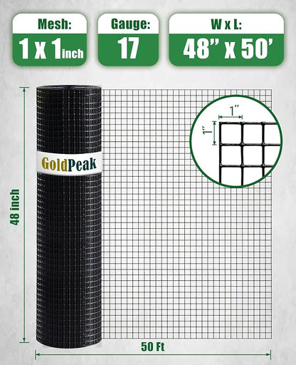 GoldPeak Black Vinyl Coated Hardware Cloth 1 inch Mesh 48'' x 50' 17 Gauge, PVC Coating Wire Mesh Roll Chicken Wire Mesh Garden Fencing Cage Wire Tree Guard Wire Mesh Fencing Welded Wire