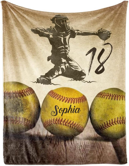 Custom Softball Blanket with Number Name: Personalized Fluffy and Warm Gift for Baby Toddler Kids and Adults Birthday Skin-Friendly Flannel Fabric(40X50inch)