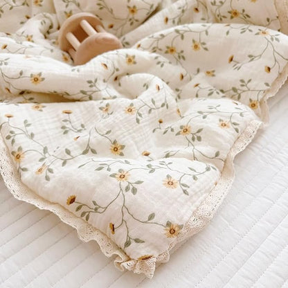 BuLuTu Cotton Muslin Toddler Comforter Shabby Chic Floral Design Twin Bed Blankets for Children Soft Lightweight Girls Boys Quilted Blanket, Wildflower Pattern, 60"x78"