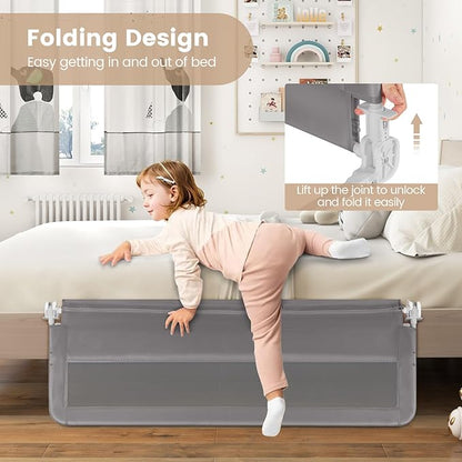 HONEY JOY Bed Rail for Toddlers, 59-in Extra Long, Portable Safety Bed Guardrail w/Double Safety Child Lock, Foldable Baby Bed Rail Guard, Fit King & Queen Full Twin Size Bed Mattress (1 Pack, Gray)