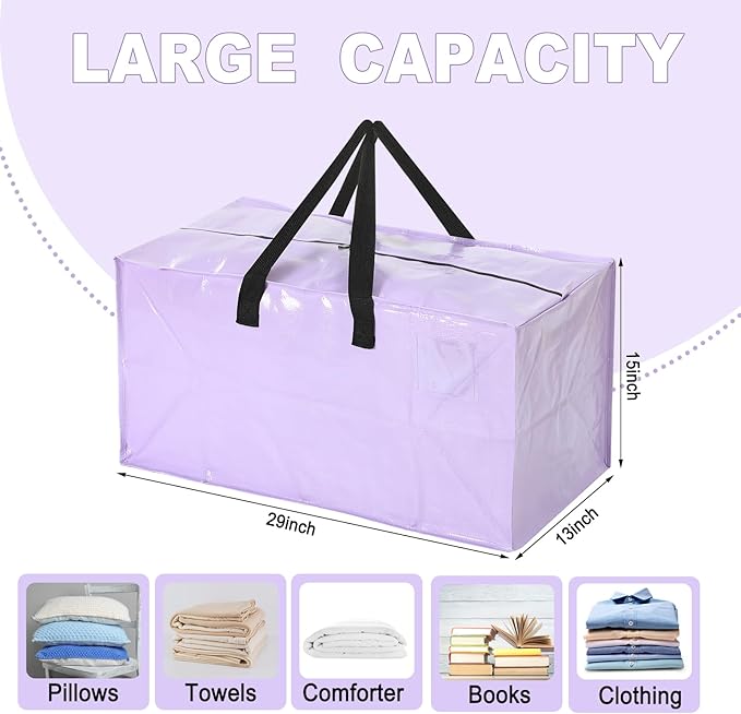 4 Pcs 24 Gallon Large Moving Bags with Zipper and Handles Foldable Storage Duffle Bags Heavy Duty Extra Large Totes for College Dorm Travel Clothes Blankets Bedding Moving (Purple)