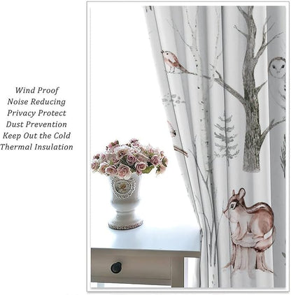 Watercolor Woodland Animal Curtains, Wildlife Bear Farmhouse Lodge Cabin Squirrel Owl Hedgehog Fox Blackout Rod Pocket Windows Door Curtain for Bedroom Living Room Home Decor 63x63in