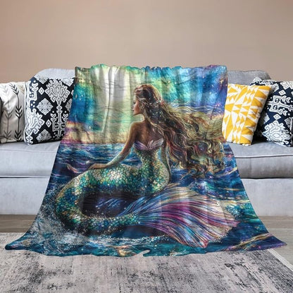 Mermaid Blanket Navy Mermaids Gifts for Girls Boys Woman Kids Ocean Mermaid Lover Coastal Throw Blankets Soft Blanket Warm Fleece Flannel Plush Blankets for Bed Sofa Couch 60"x80"