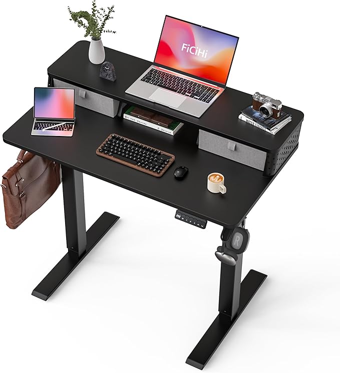 35x20 Inch Standing Desk with Double Drawers, C-Clamp Mount Compatible, Electric Adjustable Height Computer Stand Up Desks, Home Office Sit Stand Table with 3 Preset Heights & 2 Hooks, Black