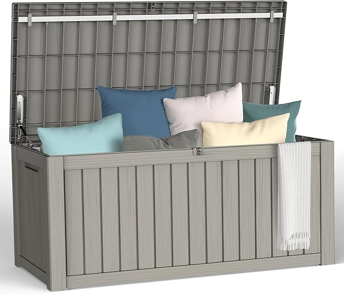 119 Gallon Outdoor Storage Box, Waterproof Deck Box with Handles and Lockable Lid, Resin Patio Storage Box with Hydraulic Rods for Garden Tools, Cushions, Grey