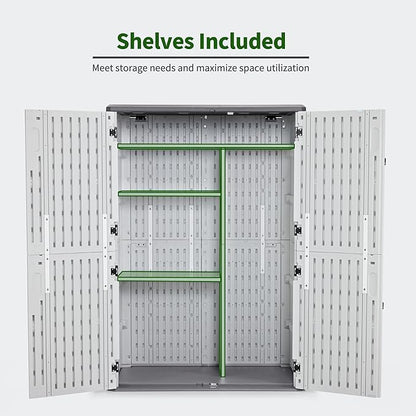 Macrout 50 Cu.Ft Plastic Outdoor Storage Cabinet with Shelves, 4.3 x 2.5 ft Waterproof Resin Outdoor Storage Shed with Floor, Lockable Vertical Shed for Garden and Patio
