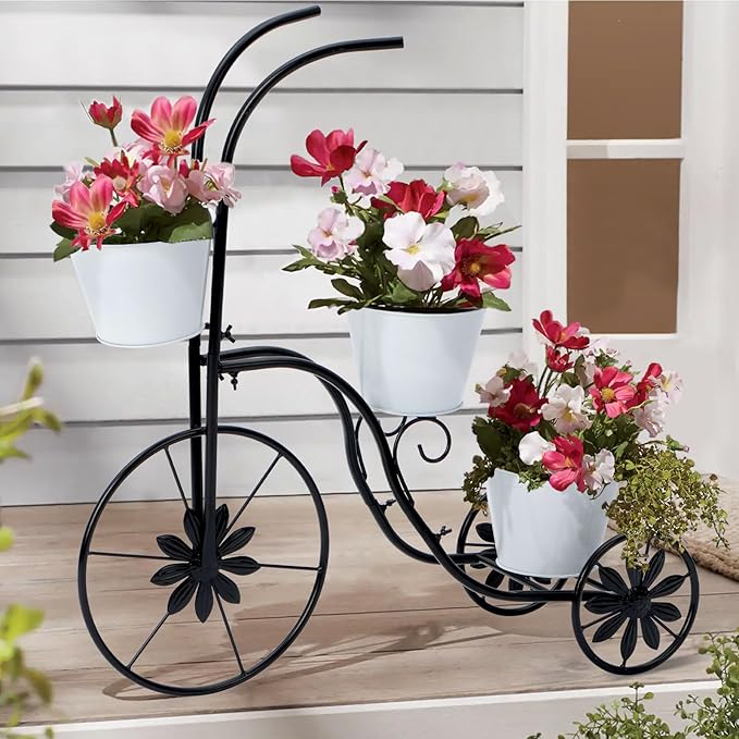 BAYN Bicycle Planter Stand, Metal Flower Pot Cart Holder Tricycle Planter with 3 Plant Bucket Outdoor Decorative for Patio, Deck, Garden or Lawn