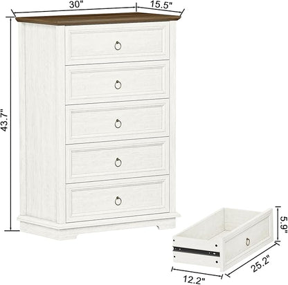 5 Drawer Dresser, Chest of Drawers with Double Anti-Tip, Modern Tall Dresser Organizer for Bedroom, Living Room & Hallway – Easy Assembly Storage Cabinet, White